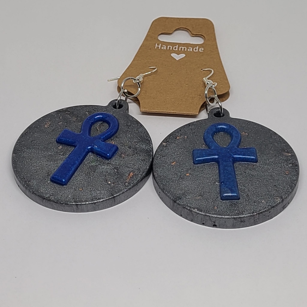 Ankh Faux Stone Earrings with Bronze (Grey and Blu)